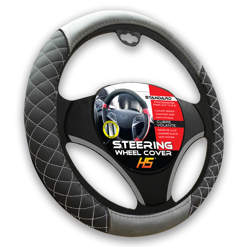 Steering Wheel Cover Diamond Style In Black / White Stitching With Comfort Grip