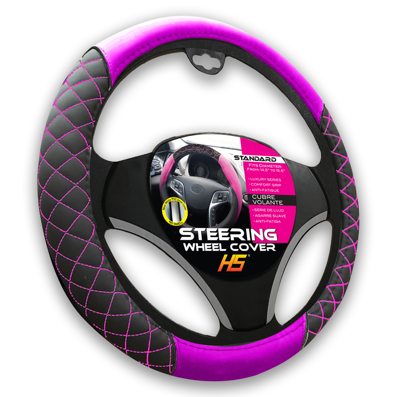 Steering Wheel Cover Diamond Style In Black / Pink Stitching With Comfort Grip