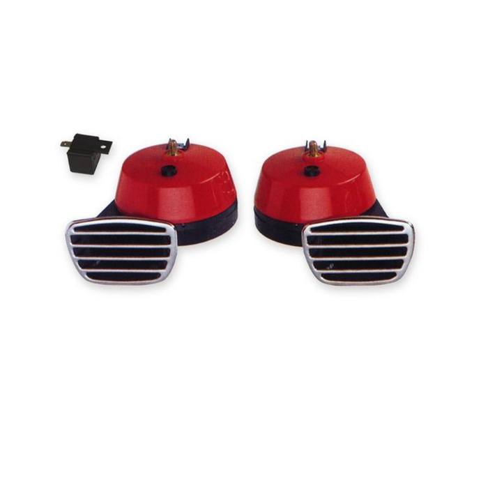 Horns 12 Volt Twin High / Low Tone Electromagnetic / Red HS 22.345