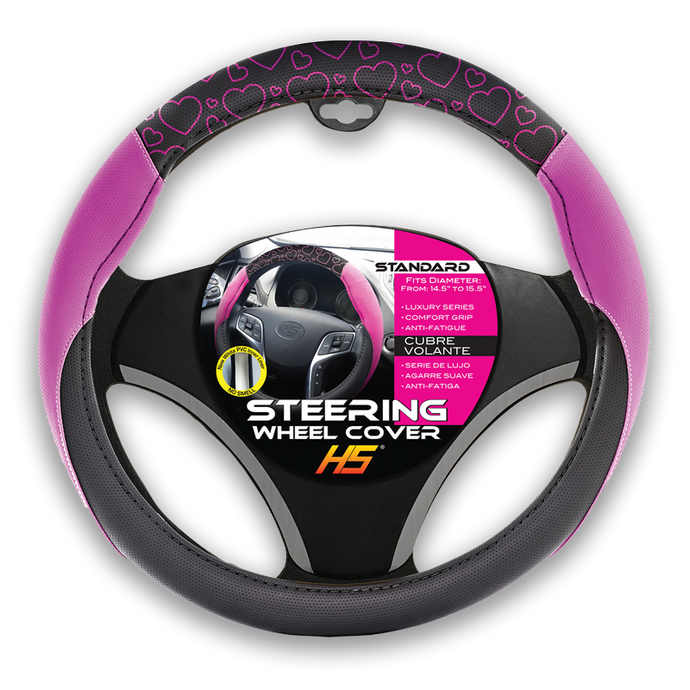 Pink Hearts & Peace Steering Wheel Cover In Pink Comfort Grip -Black