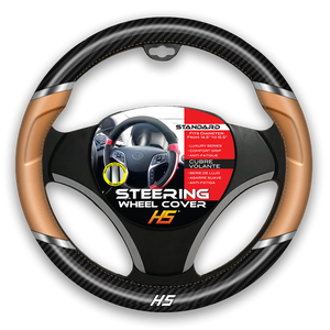 Steering Wheel Cover Tan / Chrome Inserts / Carbon Fiber With Comfort Grip