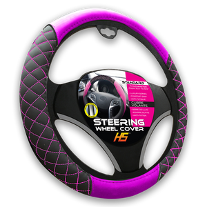 Steering Wheel Cover Diamond Style In Black / Pink Stitching With Comfort Grip