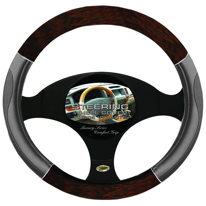 Steering Wheel Cover Woodgrain / Chrome / Grey