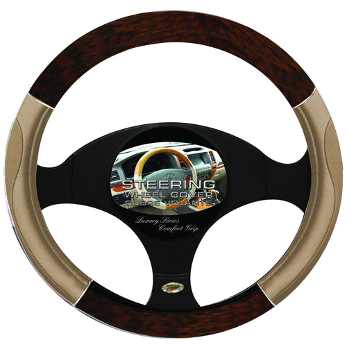  Steering Wheel Cover Woodgrain / Chrome / Tan